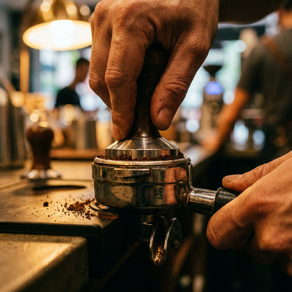 A barista turns a small personal code toward a regular at the counter