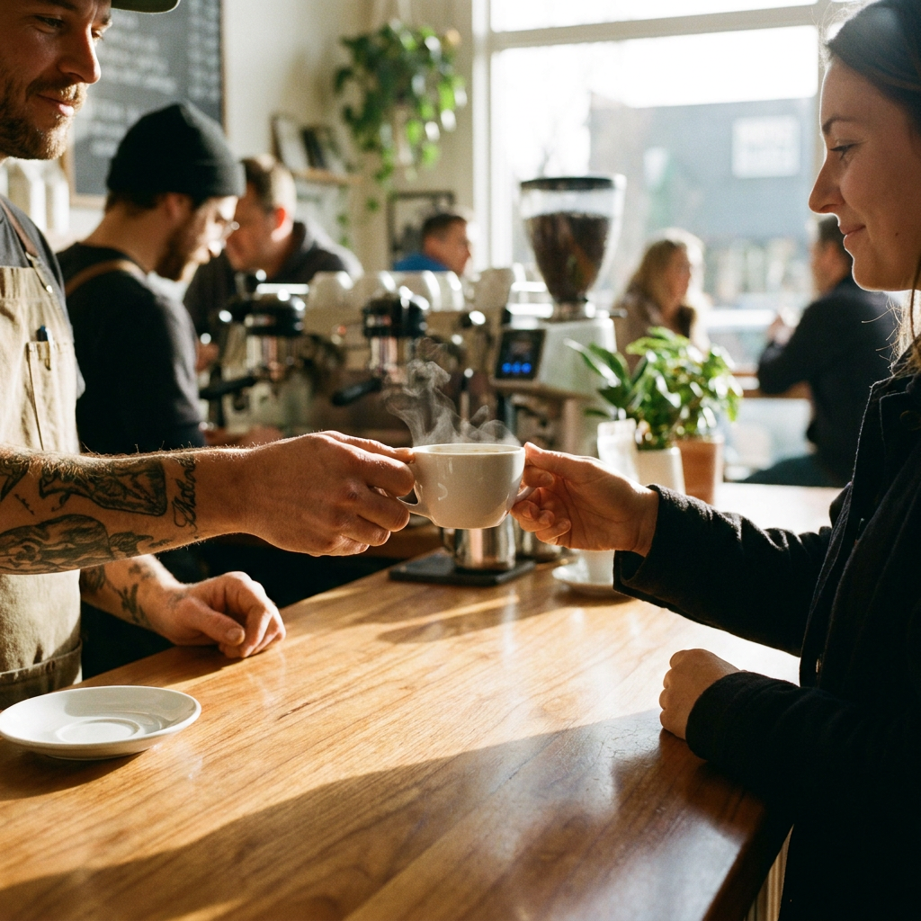 A quiet exchange between a worker and a regular; the phone stays low, the conversation stays human