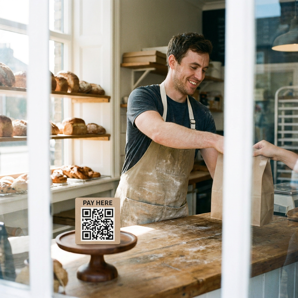 A regular and a barista share a moment across a cafe counter; a small personal code sits softly in the foreground